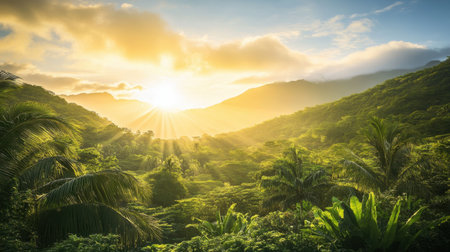 Experience the tranquility of a serene sunrise over lush green mountains, where radiant sunbeams illuminate the captivating landscape and evoke a sense of peace.の素材