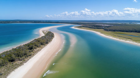 This stunning aerial photograph captures a winding river merging with a picturesque sandy beach, framed by lush greenery under a bright blue sky.の素材