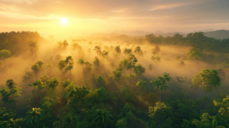 Experience the tranquil beauty of a lush green forest at sunrise. Gentle sunlight breaks through mist, creating a serene atmosphere amidst nature's splendor.の素材