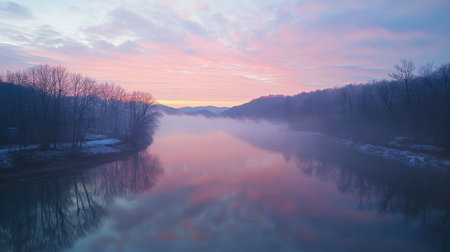 A serene river landscape at sunrise featuring soft pink and purple clouds reflecting on the calm water's surface, surrounded by mist and trees.の素材