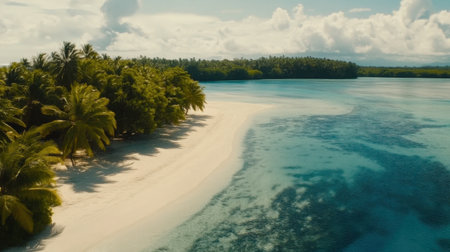 This image captures a breathtaking tropical beach scene, featuring soft white sands, lush palm trees, and vibrant blue waters, creating a tranquil paradise.の素材
