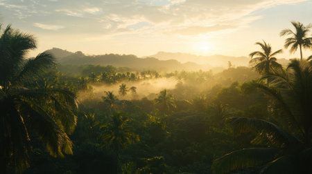A stunning view of a sunrise illuminating a dense tropical landscape, featuring palm trees and distant misty mountains, evoking peace and tranquility.の素材