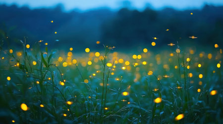 A captivating evening scene showcasing fireflies dancing amid lush green grass in a tranquil meadow, creating a magical atmosphere filled with glowing lights.の素材