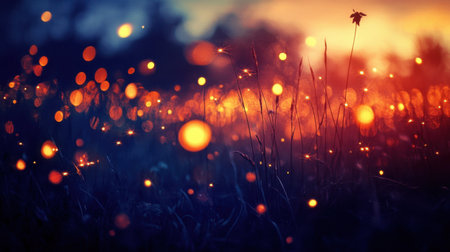 A captivating twilight landscape filled with glowing orbs and a soft bokeh effect, creating an enchanting atmosphere in a serene nature scene.の素材