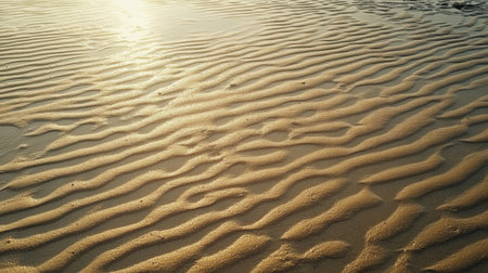 Captivating image of gentle ripples on a golden sandy beach illuminated by the warm evening sunlight, evoking tranquility and natural beauty.の素材