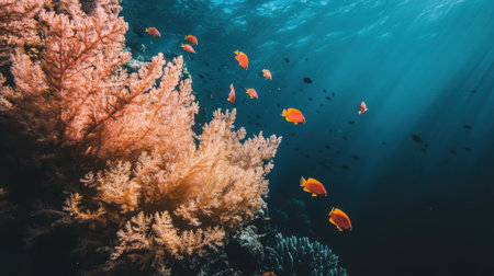 An enchanting underwater scene showcases a vibrant coral reef alive with colorful fish swimming gracefully through clear blue water, illuminated by sunlight.の素材
