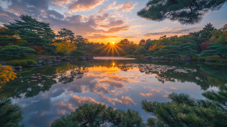 A stunning sunset illuminates a tranquil lake, creating beautiful reflections amidst lush greenery and vibrant autumn foliage, promoting peace and serenity.の素材