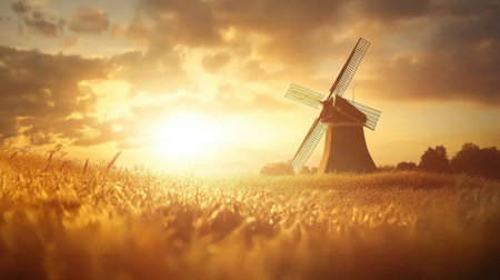 This stunning image captures a traditional windmill set against a vibrant sunset over a wheat field, showcasing the beauty of rural landscapes and golden hour lighting.の素材