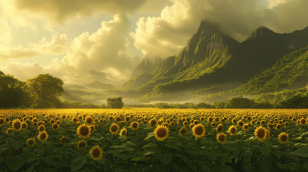 A breathtaking scenic view reveals a vast field of sunflowers basking in warm sunlight. Majestic mountains rise in the background beneath a mesmerizing sky, creating a serene landscape perfect for nature lovers.の素材