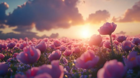 Experience the serene beauty of a flowering field at sunrise, with delicate pink flowers basking in soft sunlight and surrounded by fluffy clouds.の素材