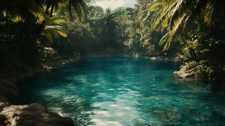 Discover a serene tropical paradise where lush greenery meets crystal clear water, inviting exploration and relaxation in a beautiful natural setting.の素材