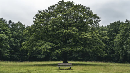 A magnificent oak tree stands tall in a serene forest clearing, accompanied by a simple wooden bench. The lush green foliage creates a tranquil atmosphere, perfect for relaxation and enjoying nature's beauty.の素材