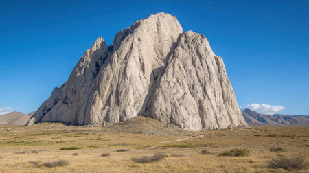 A massive rock formation stands prominently against a clear blue sky, surrounded by golden grassland. This stunning landscape showcases the beauty of natureの素材