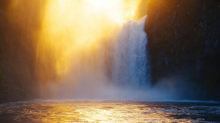 A stunning waterfall plunges down a rocky cliff, creating a serene atmosphere, illuminated by the warm glow of the sunrise. Perfect for nature lovers.の素材