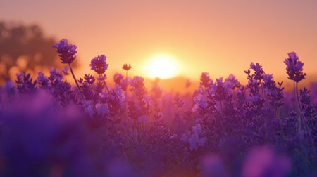 Captivating sunset over a field of lavender, showcasing blooming flowers in vibrant hues with a serene ambiance perfect for nature lovers.の素材