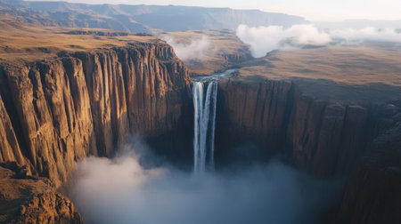 A stunning view of a waterfall plunging from towering cliffs into a river below, enveloped in mist and framed by mountains at sunrise.の素材