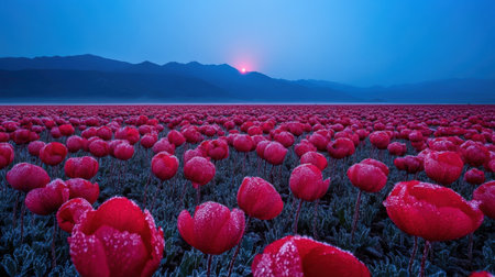 Captured at dawn, this stunning image showcases a vibrant field of red tulips glistening with dew against a breathtaking mountain backdrop.の素材