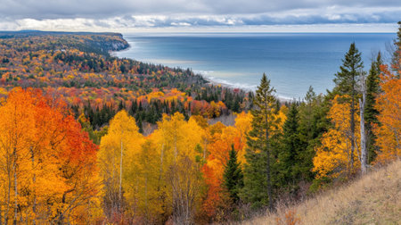 A breathtaking autumn view captures a hillside adorned with vibrant foliage displaying shades of yellow, orange, and red, leading to calm blue waters.の素材
