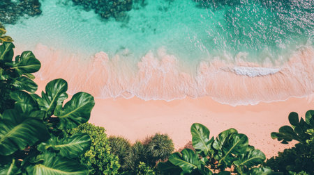 Enjoy the stunning aerial perspective of a tropical beach featuring gentle waves lapping against the soft sand, surrounded by lush foliage and vibrant water.の素材