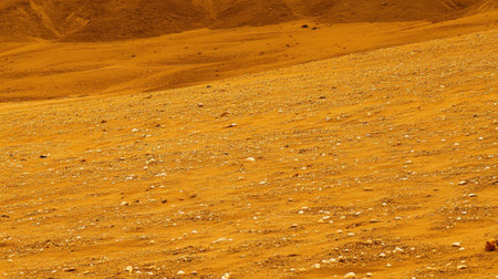 This image captures a vast orange desert landscape with a dry terrain scattered with small rocks under bright sunlight, showcasing remote natural beauty.の素材