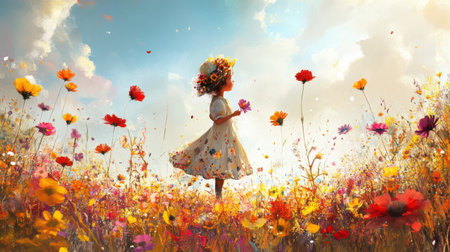 A captivating scene of a young girl in a white dress, standing in a vibrant flower-filled meadow under a bright blue sky, encapsulating innocence and joy.の素材