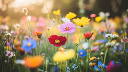 A mesmerizing field of colorful wildflowers surrounded by lush greenery, illuminated by soft sunlight, creating a serene and joyful atmosphere in nature.の素材