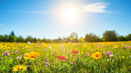 A stunning view of a wildflower meadow bathed in sunlight, showcasing a vibrant array of colorful flowers amidst lush green grass, under a clear blue sky.の素材
