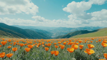 A breathtaking view of a field filled with vibrant orange poppies against a backdrop of majestic mountains and a bright blue sky with white clouds.の素材
