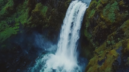 A stunning waterfall flows gracefully over rugged cliffs, surrounded by vibrant green vegetation. This serene landscape offers a breathtaking view of nature's beauty.の素材