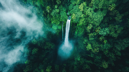 A breathtaking aerial view of a stunning waterfall cascading through a vibrant green forest, enveloped in soft mist, showcasing a tranquil tropical paradise.の素材