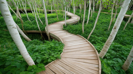 A beautiful wooden pathway winds through a lush green forest, surrounded by vibrant foliage and slender birch trees, inviting exploration and tranquility.の素材
