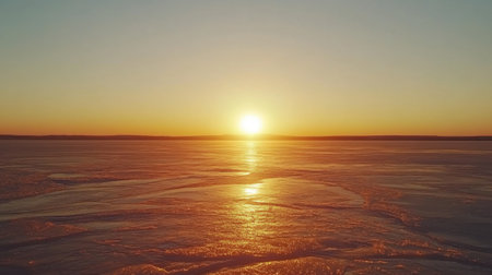A stunning winter sunset casts warm orange hues over a serene frozen lake, creating a tranquil scene with beautiful reflections and a peaceful atmosphere.の素材