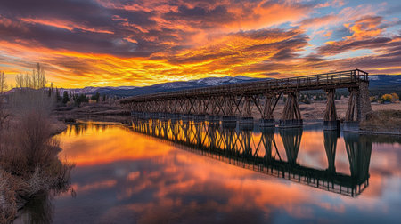A captivating sunset illuminates the sky over a serene river, with vibrant colors reflecting on the water and a rustic wooden bridge enhancing the beauty.の素材