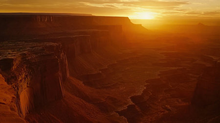 A stunning sunset over a desert landscape showcasing vibrant orange and yellow hues. Dramatic rock formations create a picturesque view perfect for nature enthusiasts.の素材