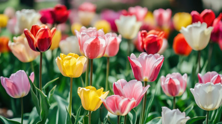 This captivating image showcases a diverse array of blooming tulips in a vibrant garden setting, capturing the essence of spring with their cheerful colors and fresh beauty.の素材