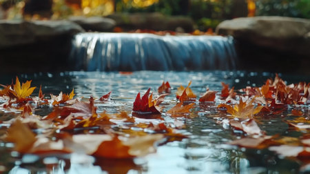 A peaceful scene of a serene waterfall surrounded by fallen autumn leaves, reflecting vibrant colors in crystal-clear water. Perfect for nature lovers.の素材