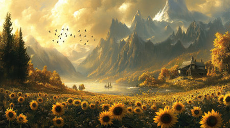 This stunning landscape features a vibrant sunflower field under a serene sky, with majestic mountains and a tranquil lake in the background, inviting exploration.の素材