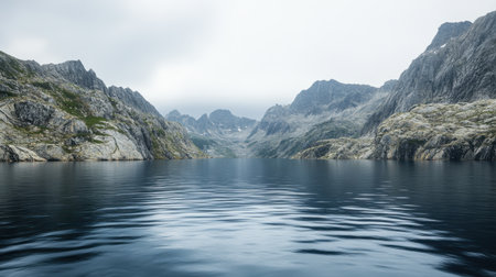 Explore a tranquil mountain lake, surrounded by towering peaks and a misty atmosphere, perfect for outdoor enthusiasts and nature lovers.の素材