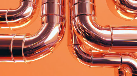 This detailed image features a close-up of shiny copper pipes with curved joints against a vibrant orange background, ideal for industrial or home design themes.の素材