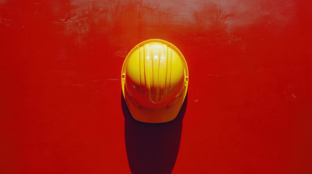 This image features a bright yellow hard hat set against a striking red background, representing the importance of safety gear in construction.の素材