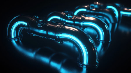 A striking image of neon blue glowing pipes showcasing a modern industrial aesthetic, with reflections creating a captivating visual experience in a dark setting.の素材