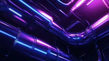 This image features an intricate arrangement of metallic pipes illuminated by bright pink and blue neon lights, creating a dynamic futuristic atmosphere perfect for modern design projects.の素材