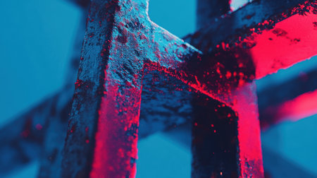 A striking close-up of a textured metal structure, accentuated by vivid red and blue lighting, creating an artistic and modern composition.の素材