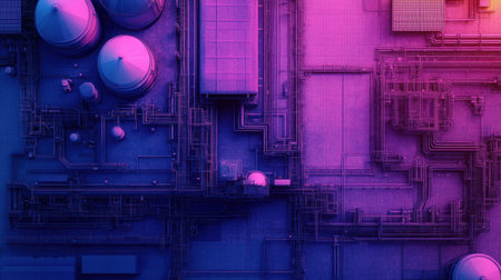 This vibrant aerial image showcases an industrial facility with a complex system of pipes and neon lighting, creating a visually striking composition ideal for tech and infrastructure themes.の素材