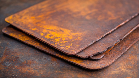 A detailed close-up of weathered metal sheets showcases rich rusty textures and patterns. The interplay of brown and orange tones creates an industrial aesthetic, perfect for backgrounds or design projects.の素材