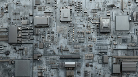 Detailed abstract high-tech background featuring a network of computer circuits and chips on a metallic surface, exemplifying modern technology and innovation.の素材