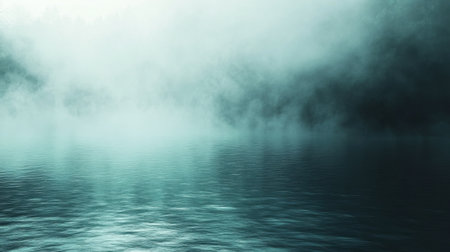A captivating image showcasing a tranquil lake shrouded in mist and fog, with soft reflections of trees captured at dusk, creating a serene atmosphere.の素材