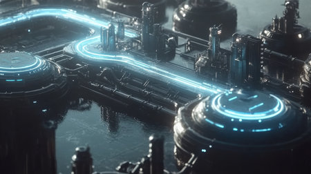 Explore a stunning futuristic urban landscape illuminated by neon lights, depicting high-tech buildings and advanced architecture in a vibrant cyberpunk setting.の素材