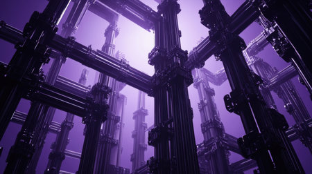 A captivating abstract image showcasing a complex geometric structure of metallic pipes bathed in purple light. The intricate arrangement creates an immersive experience.の素材