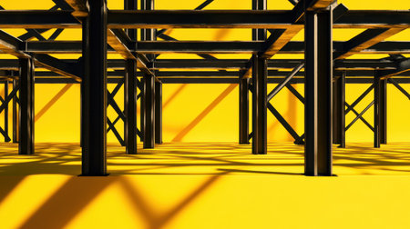 This striking image features a black metal framework placed on a bright yellow background, showcasing dynamic patterns and intriguing shadows that emphasize minimalistic design elements.の素材